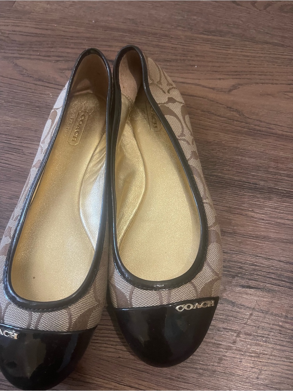 Coach Brown Signature Canvas Flats with Black Patent Toe